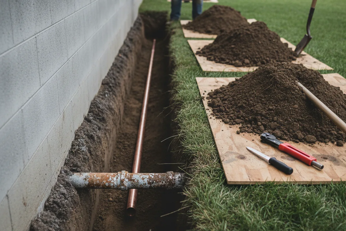 Excavated water line trench during Water Softener Installation in Hoisington